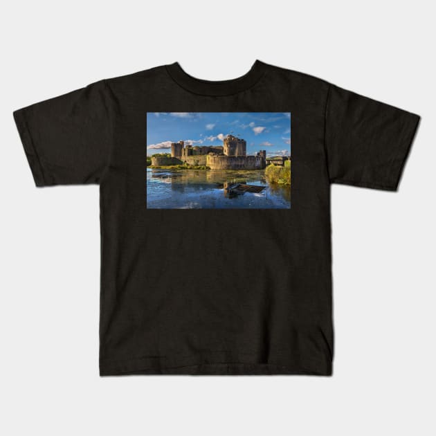 Caerphilly Castle in Wales South Facing Walls Kids T-Shirt by IanWL